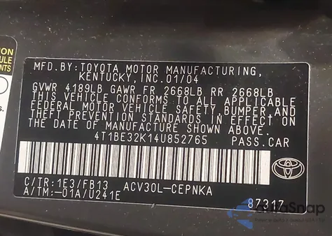 2004 Toyota Camry Le из США, поврежденный, VIN 4T1BE32K14U852765